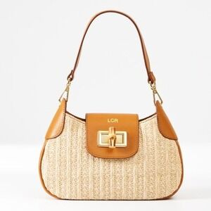 Mark & Graham Bamboo‎ Raffia Shoulder Bag Woven Straw Leather Camel